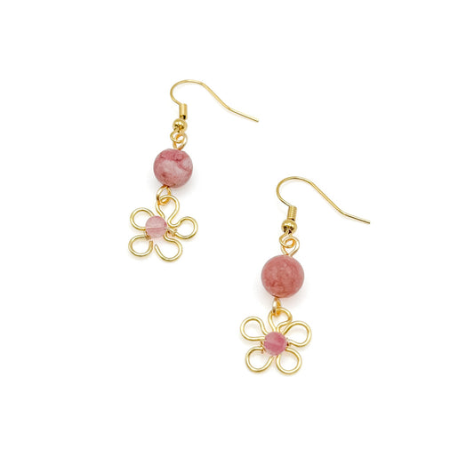 Astrid Five Petal Gold Wire Flower Earrings With Dusty Rose Agate Elegant Limited Edition