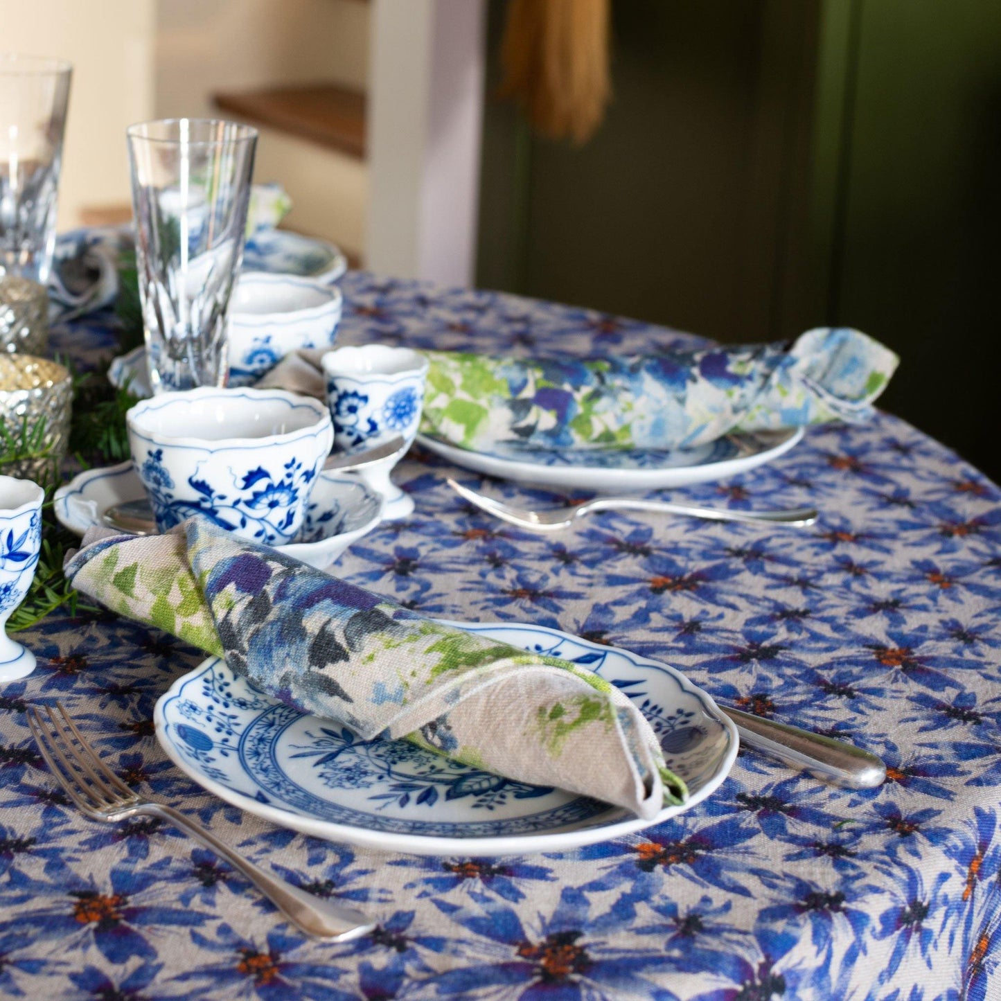 Organic Linen Tablecloth in Blue Harem
