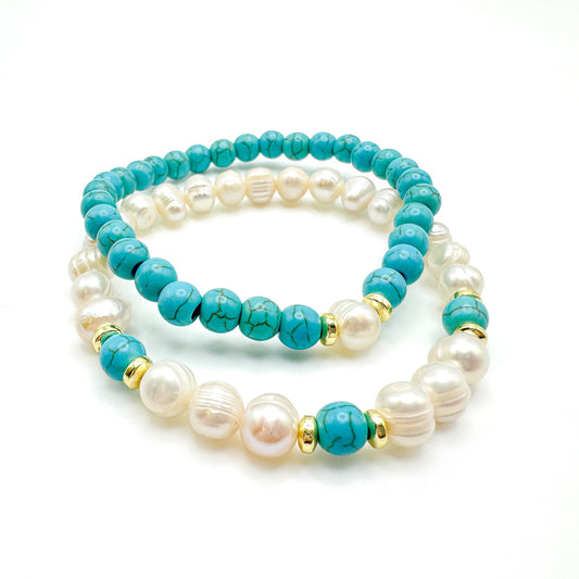 Cabana Turquoise Pearl Stretch Bracelet Set With Gold Spacer Beads Limited Edition