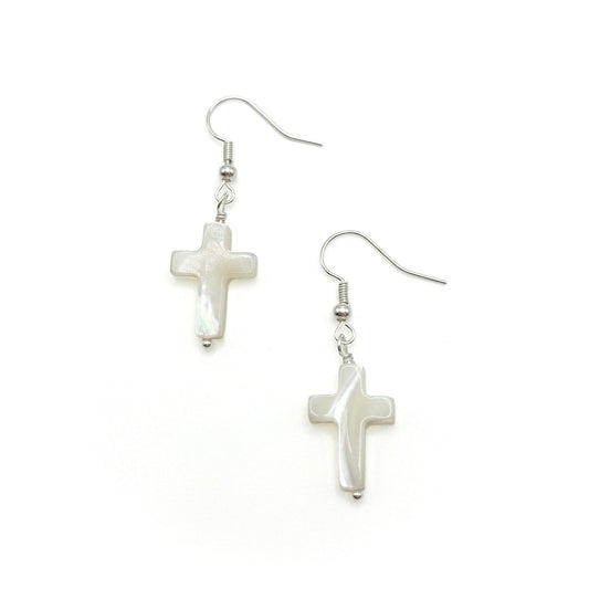Charity Limited Cross Earrings In White Mother Of Pearl With Silver Plated Hypoallergenic Hooks