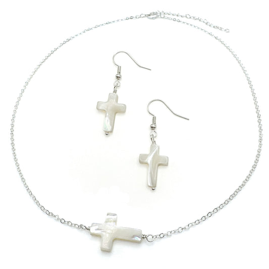 Charity Limited Cross Earrings In White Mother Of Pearl With Silver Plated Hypoallergenic Hooks