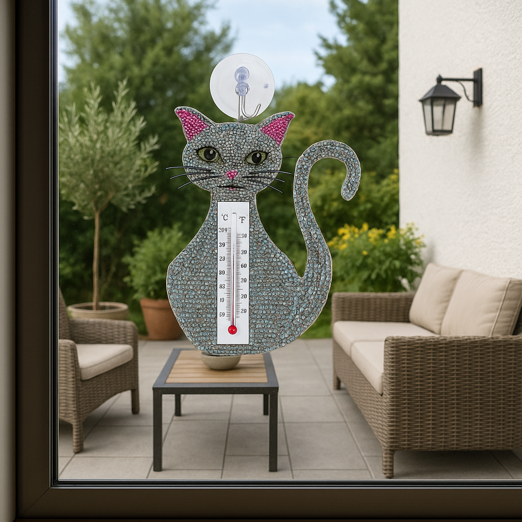 Handmade Cat Window Thermometer – Haitian Artisan Outdoor Décor.