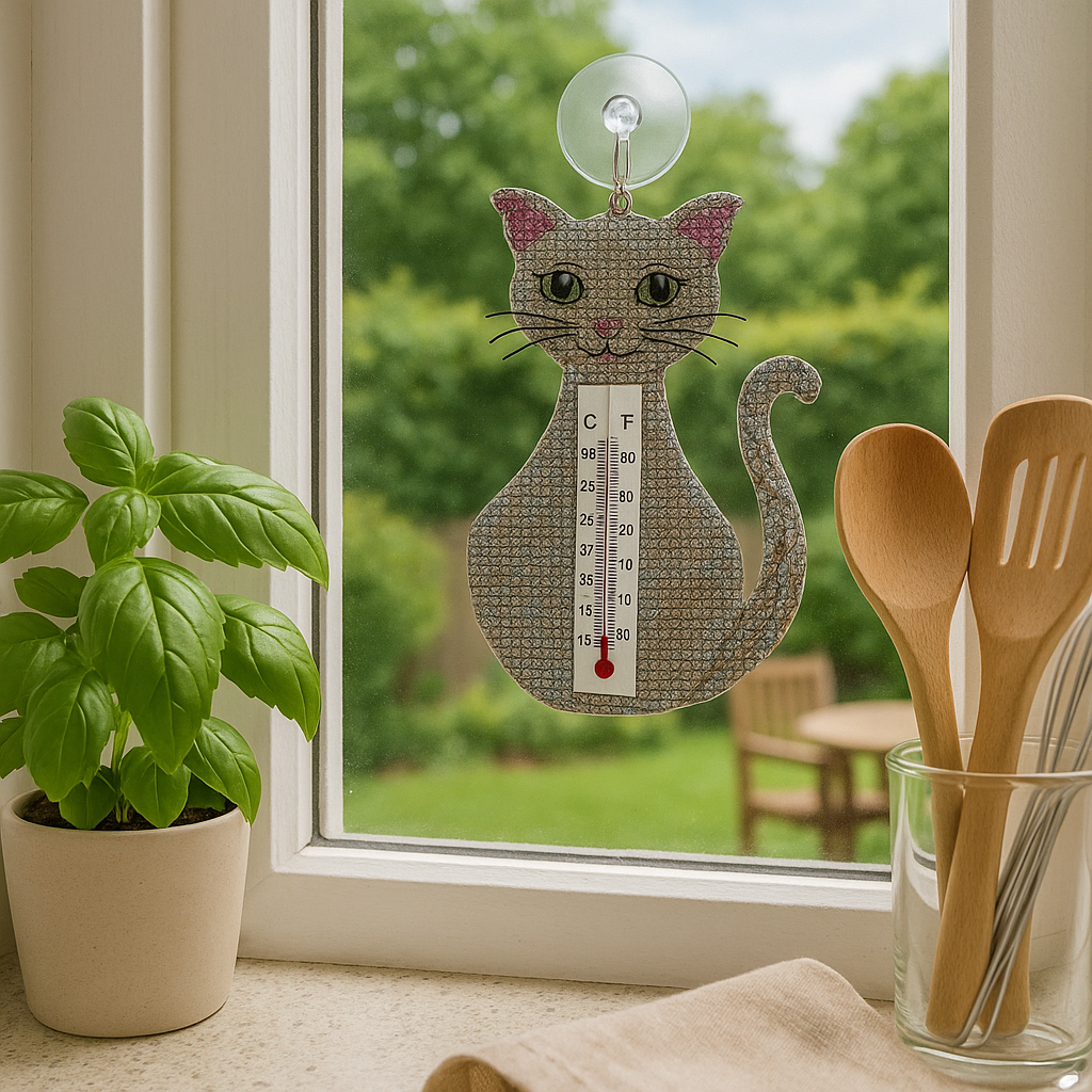Handmade Cat Window Thermometer – Haitian Artisan Outdoor Décor.
