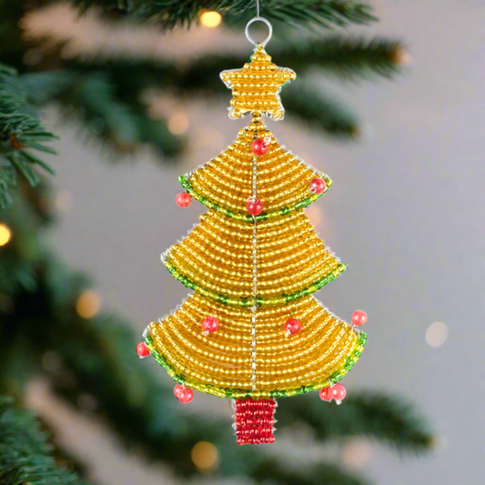 Beaded Christmas Tree with Star Ornament – Handmade Holiday Décor by Haitian Artisans.