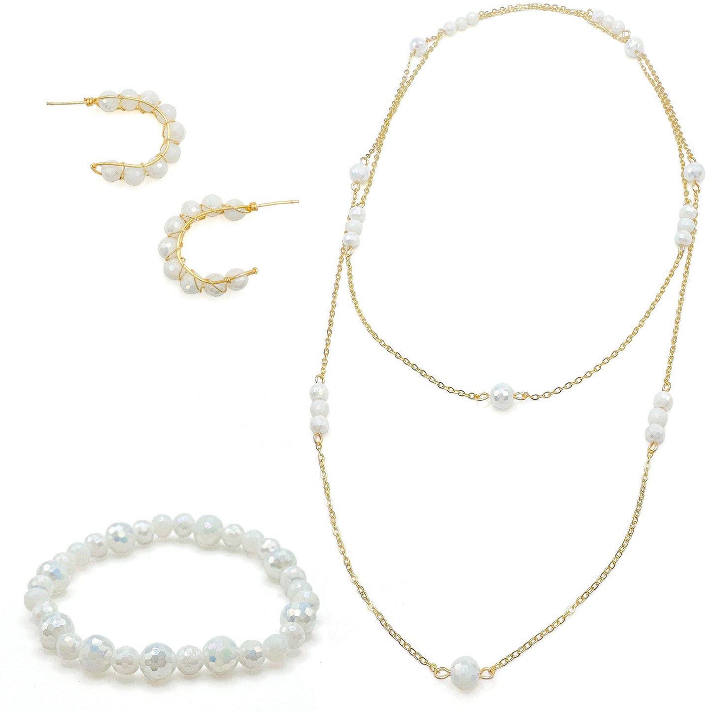 Cupid Bracelet White Pearlescent Crystal Beads Two Sizes On Stretch Cord Exclusive Collection