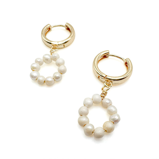 Infinity Gold Plated Pearl Huggie Earrings With Creamy Freshwater Pearl Circle Half Inch Diameter Exclusive