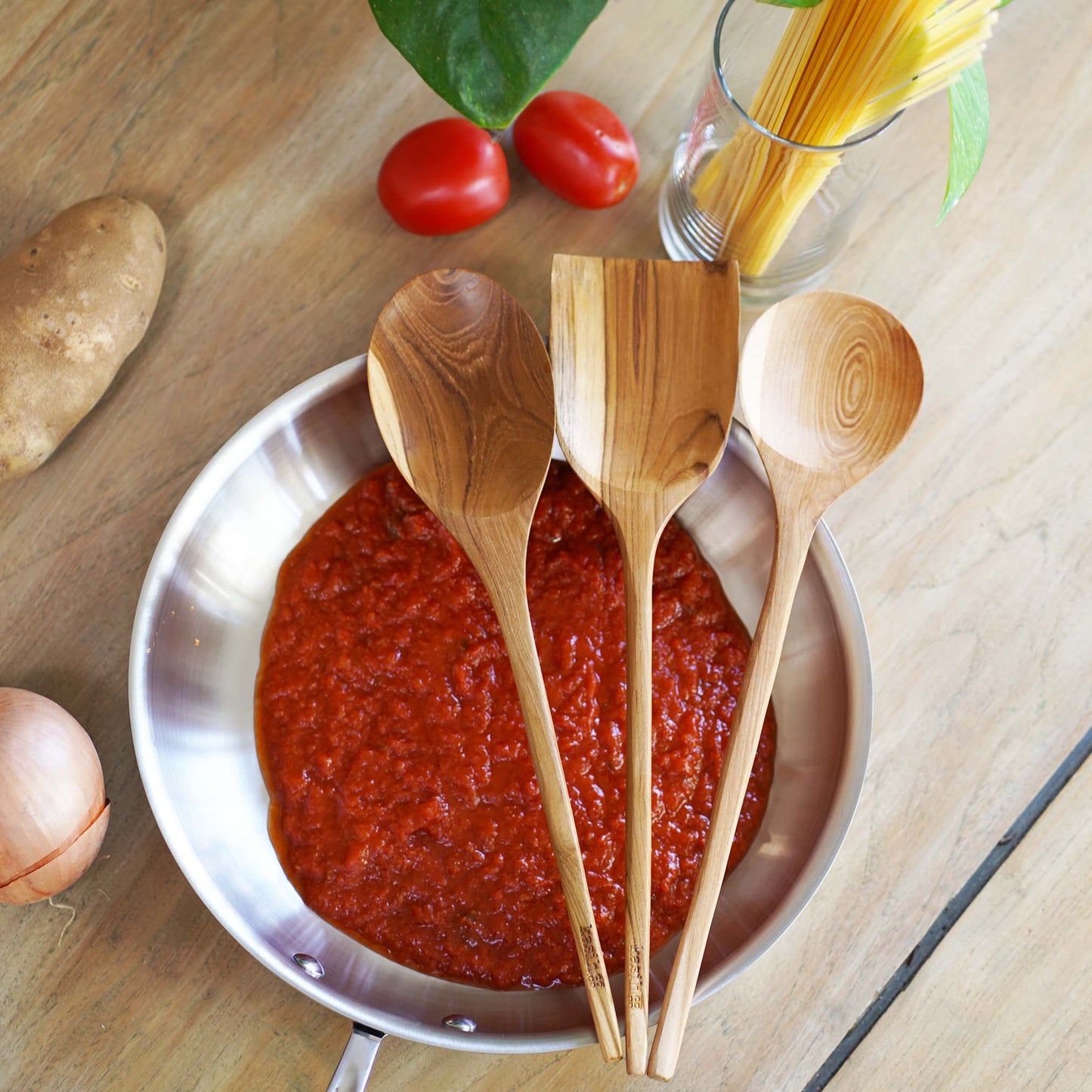 Set of 3 Cooking Kitchen Utensils Teak Wood 14inches ( two spoons and one spatula)