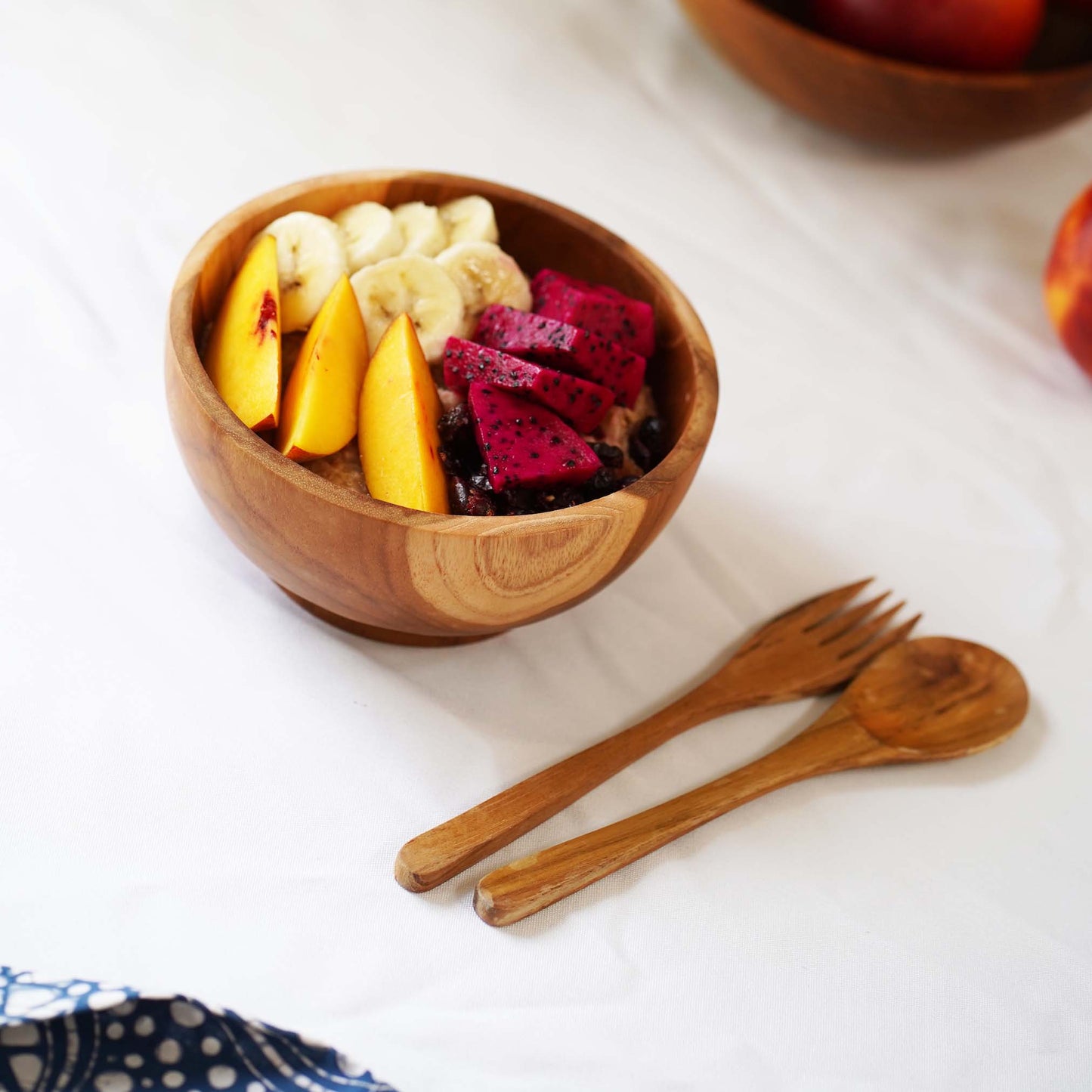 Teak wood bowl with spoon and fork handmade in Indonesia 5.8" small size