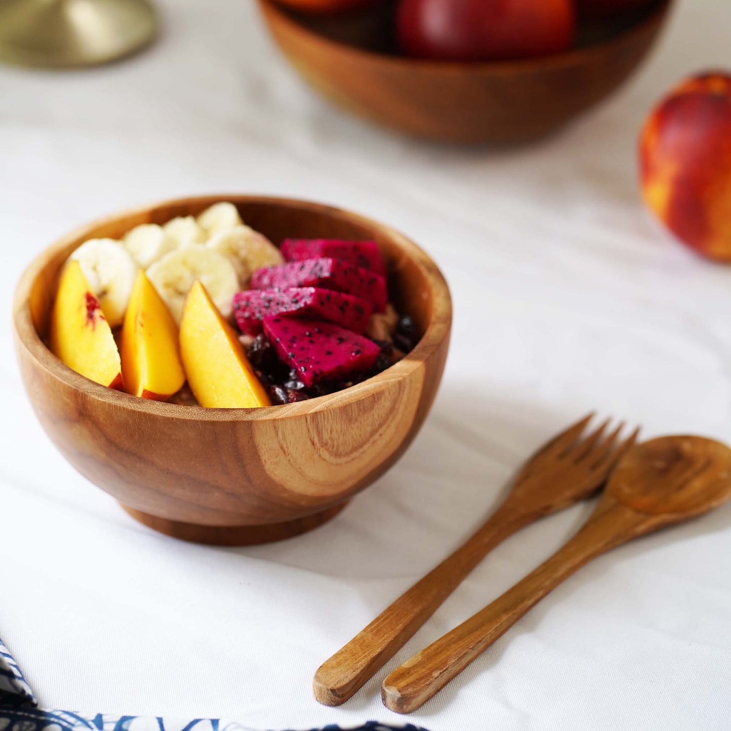 Teak wood bowl with spoon and fork handmade in Indonesia 5.8" small size