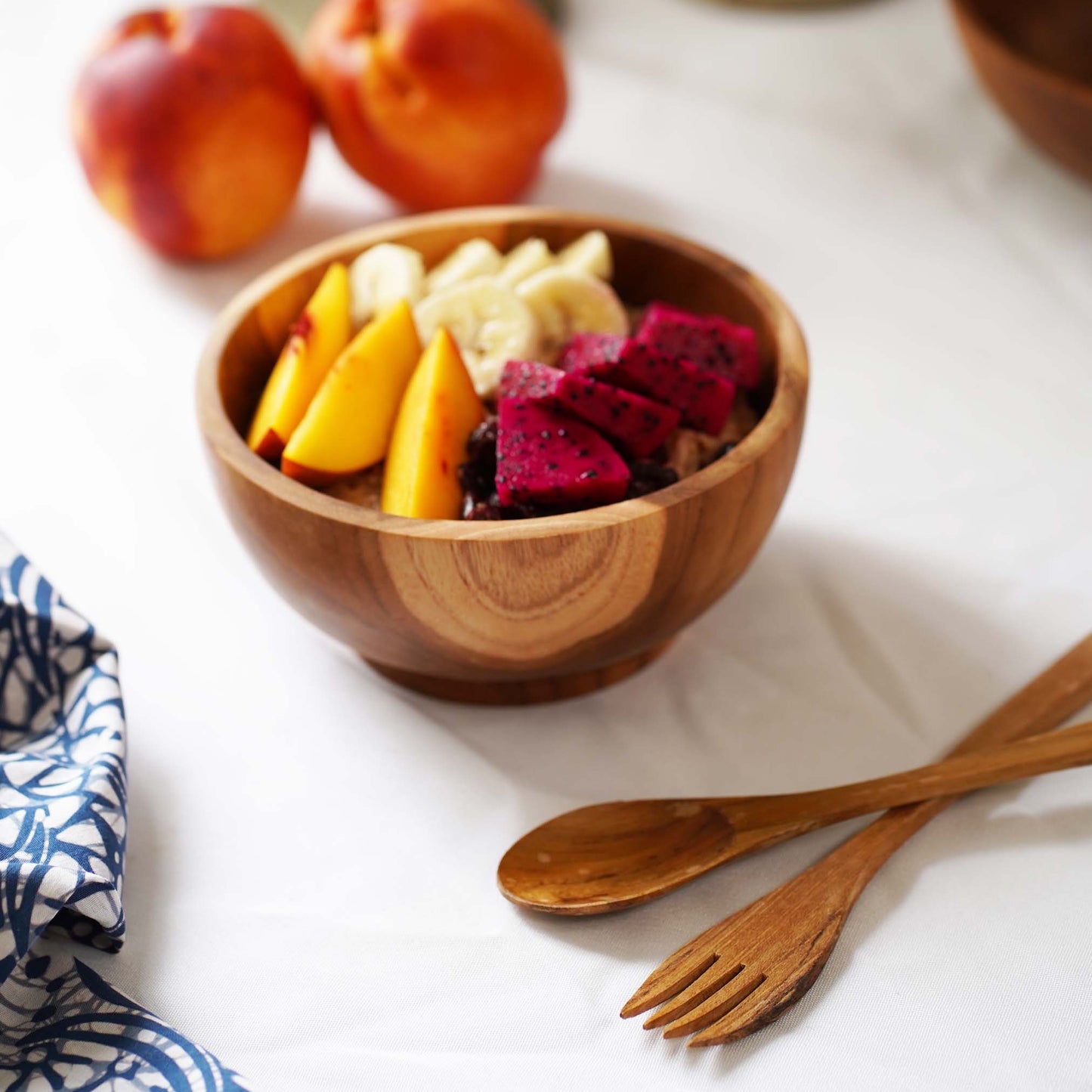 Teak wood bowl with spoon and fork handmade in Indonesia 5.8" small size