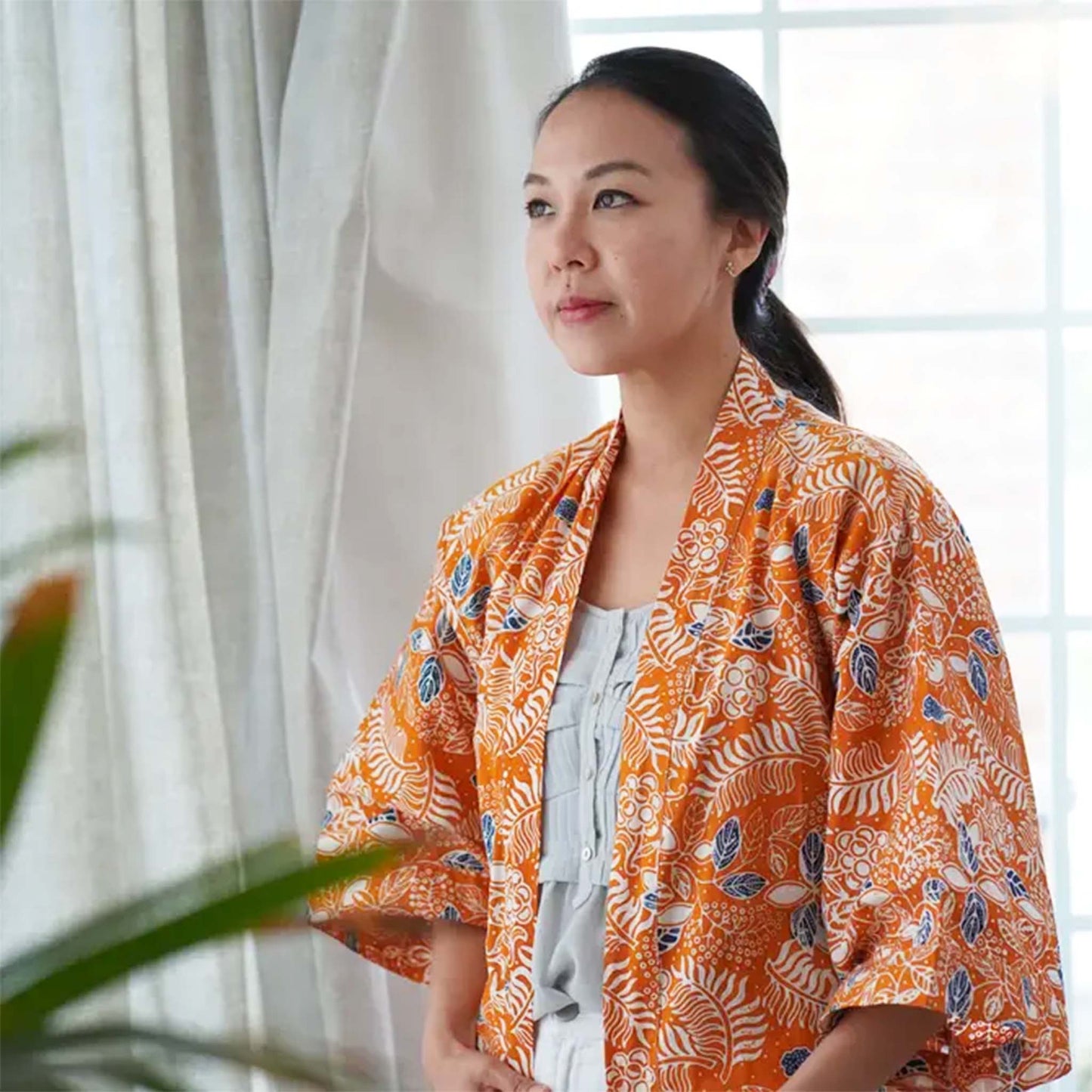 Handmade Batik Robe Kimono, Orange Carnelian, Hand Dyed, 100% Cotton, Clementine