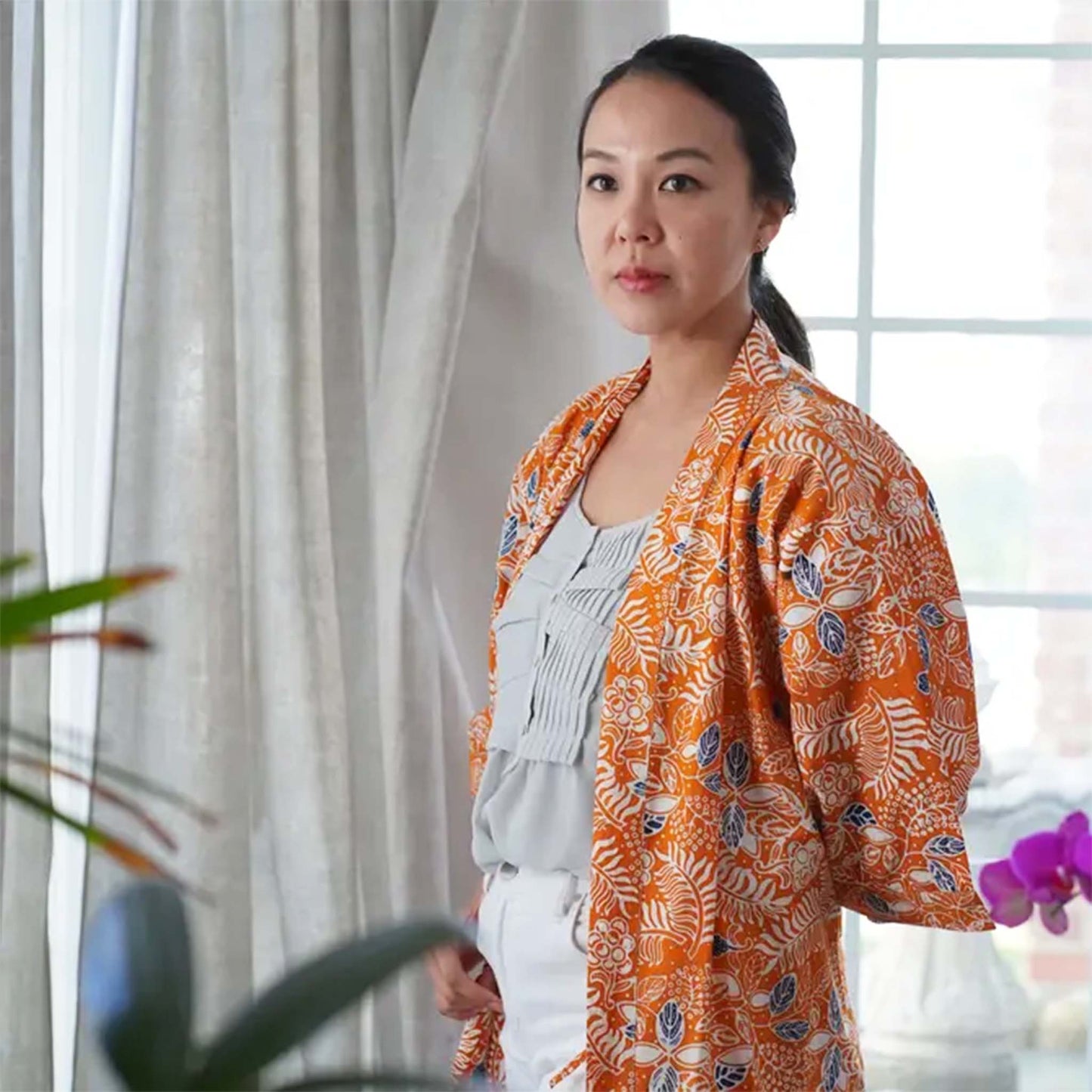 Handmade Batik Robe Kimono, Orange Carnelian, Hand Dyed, 100% Cotton, Clementine