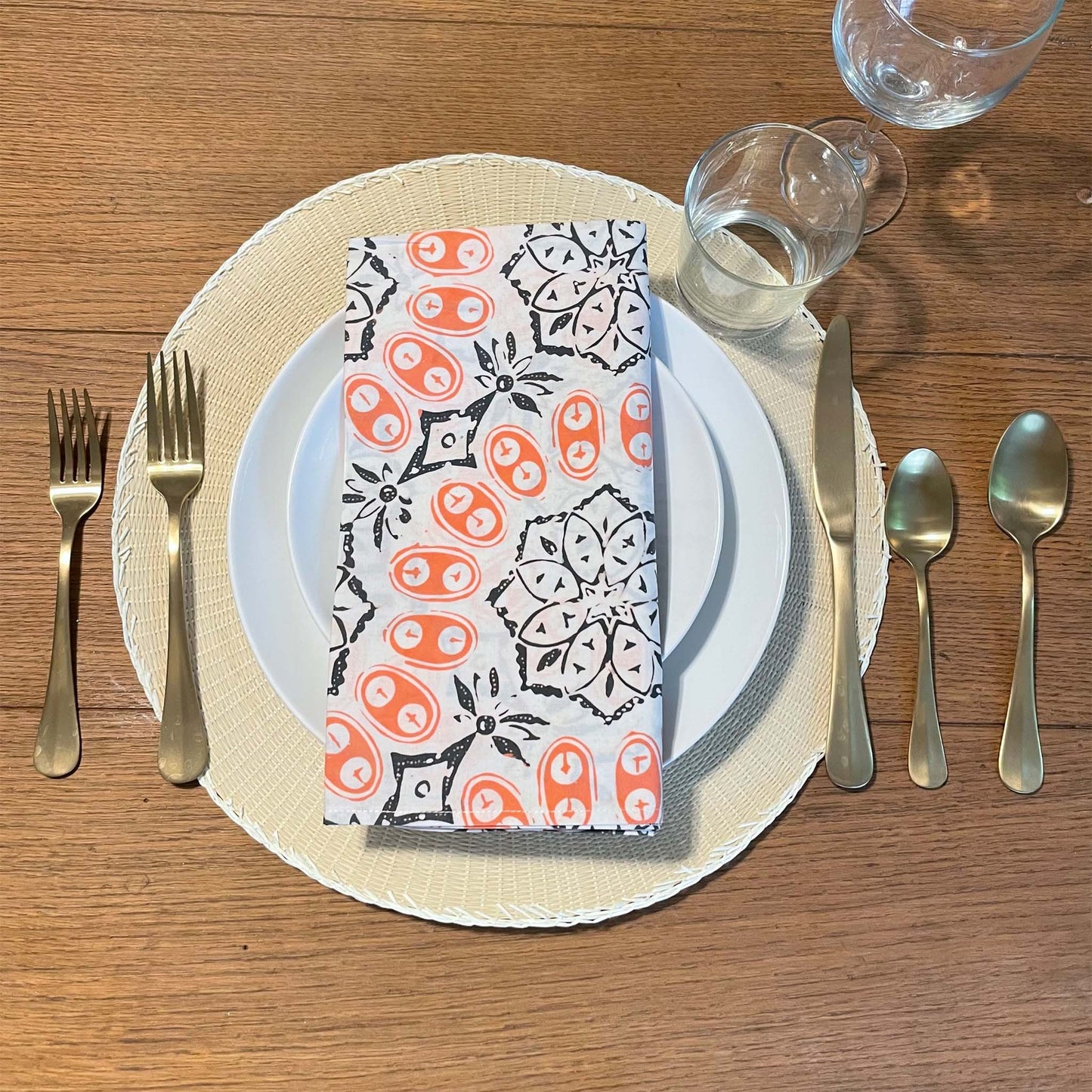 Batik Cloth Napkin Set of Four, Hand Dyed White Orange, Cotton Autumn Coral