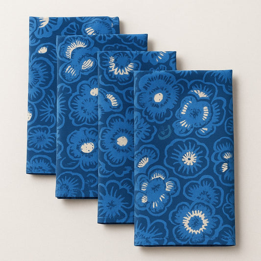 Batik Cloth Napkin Set of Four, Blue Roses, Hand Dyed, 100% Cotton