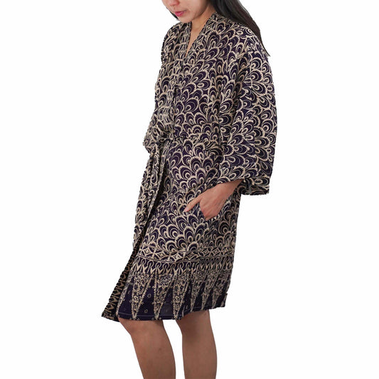 Handmade Batik Robe Kimono, 100% Cotton Soft, Hand Dyed, Black Gray Peacock