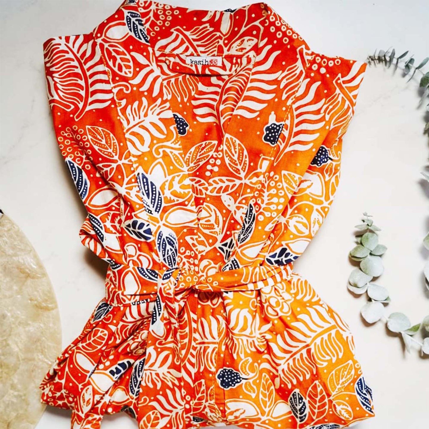 Handmade Batik Robe Kimono, Orange Carnelian, Hand Dyed, 100% Cotton, Clementine
