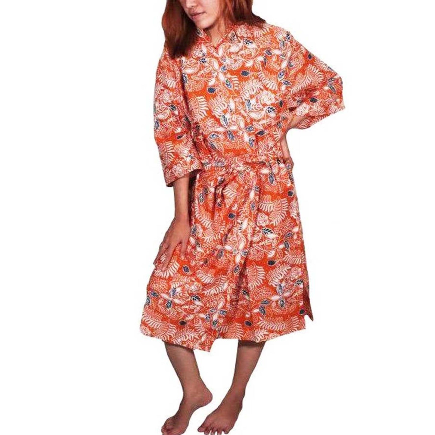Handmade Batik Robe Kimono, Orange Carnelian, Hand Dyed, 100% Cotton, Clementine