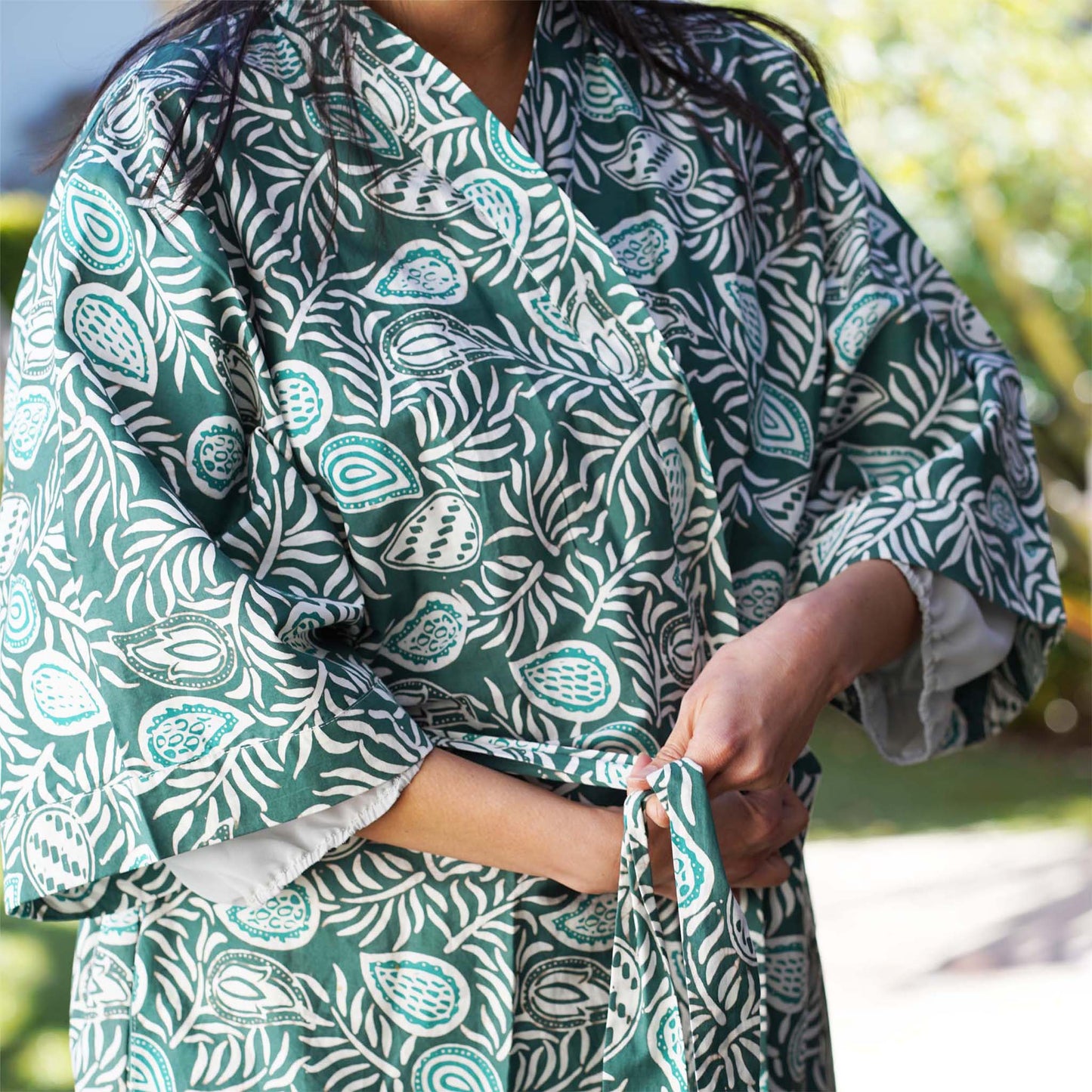 Handmade Batik Robe/ Kimono, Green Leaves, Gardening, Prairie, Hand Dyed, 100% Cotton