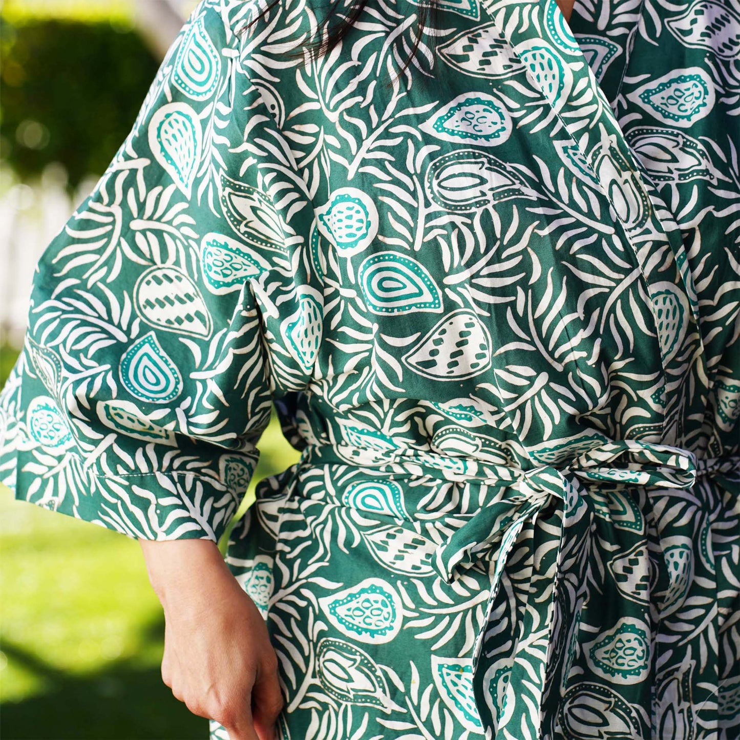 Handmade Batik Robe/ Kimono, Green Leaves, Gardening, Prairie, Hand Dyed, 100% Cotton