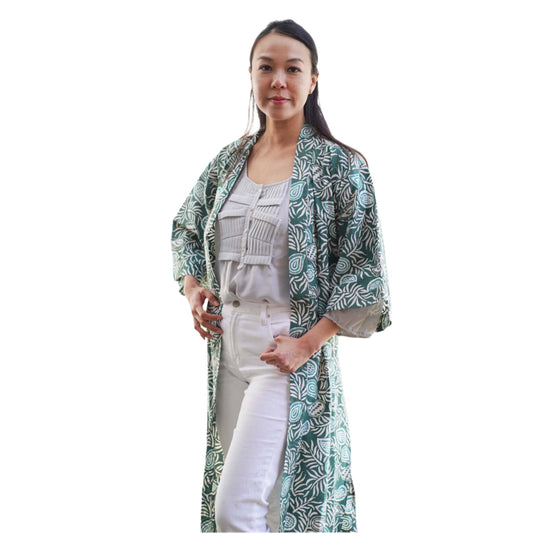 Handmade Batik Robe/ Kimono, Green Leaves, Gardening, Prairie, Hand Dyed, 100% Cotton