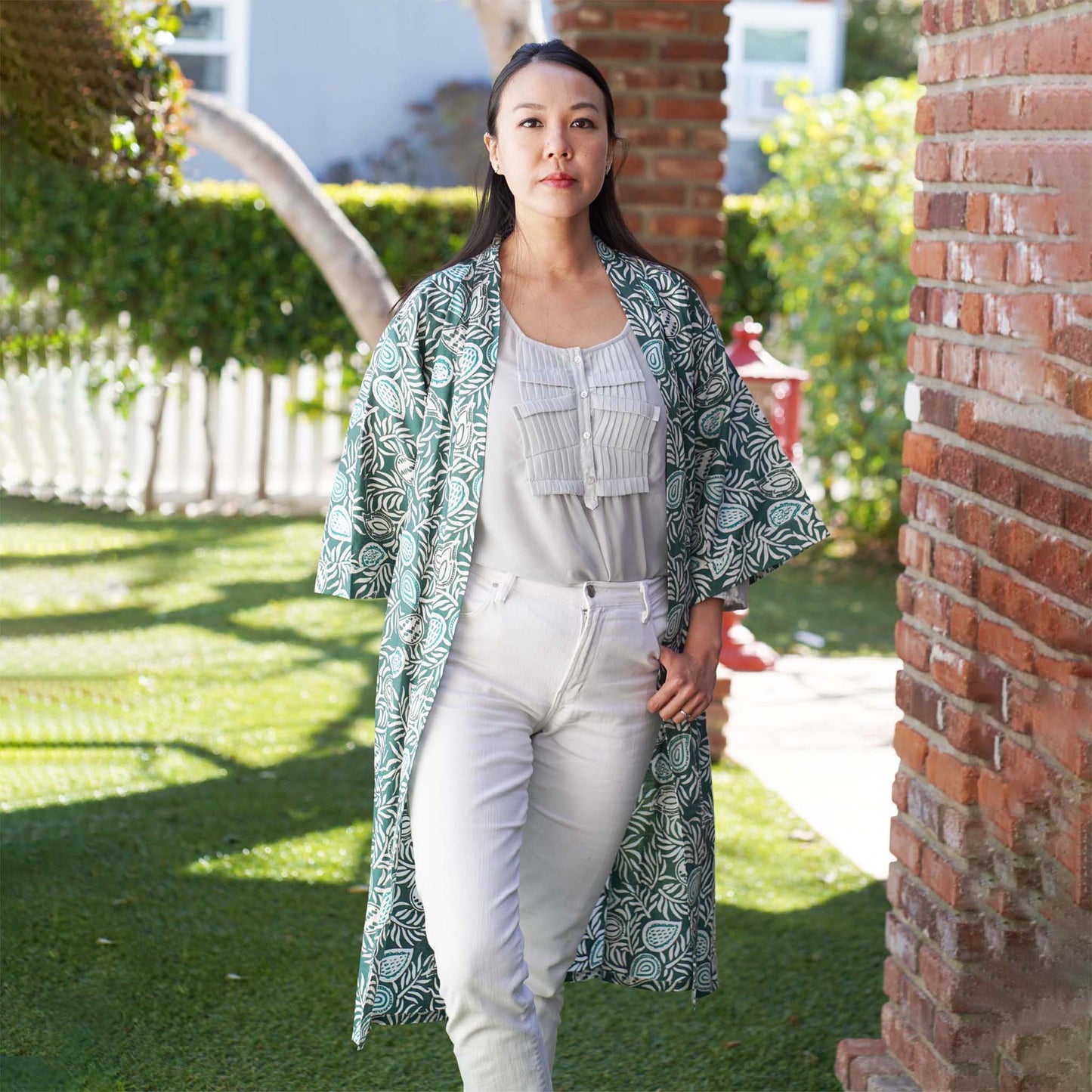 Handmade Batik Robe/ Kimono, Green Leaves, Gardening, Prairie, Hand Dyed, 100% Cotton