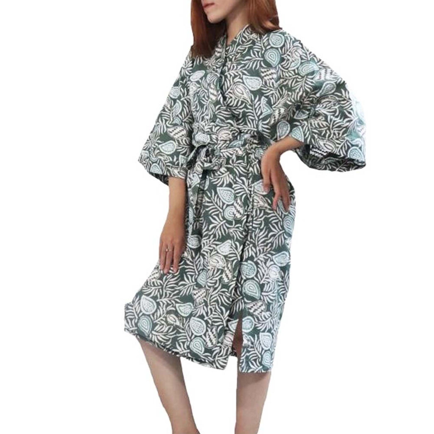 Handmade Batik Robe/ Kimono, Green Leaves, Gardening, Prairie, Hand Dyed, 100% Cotton