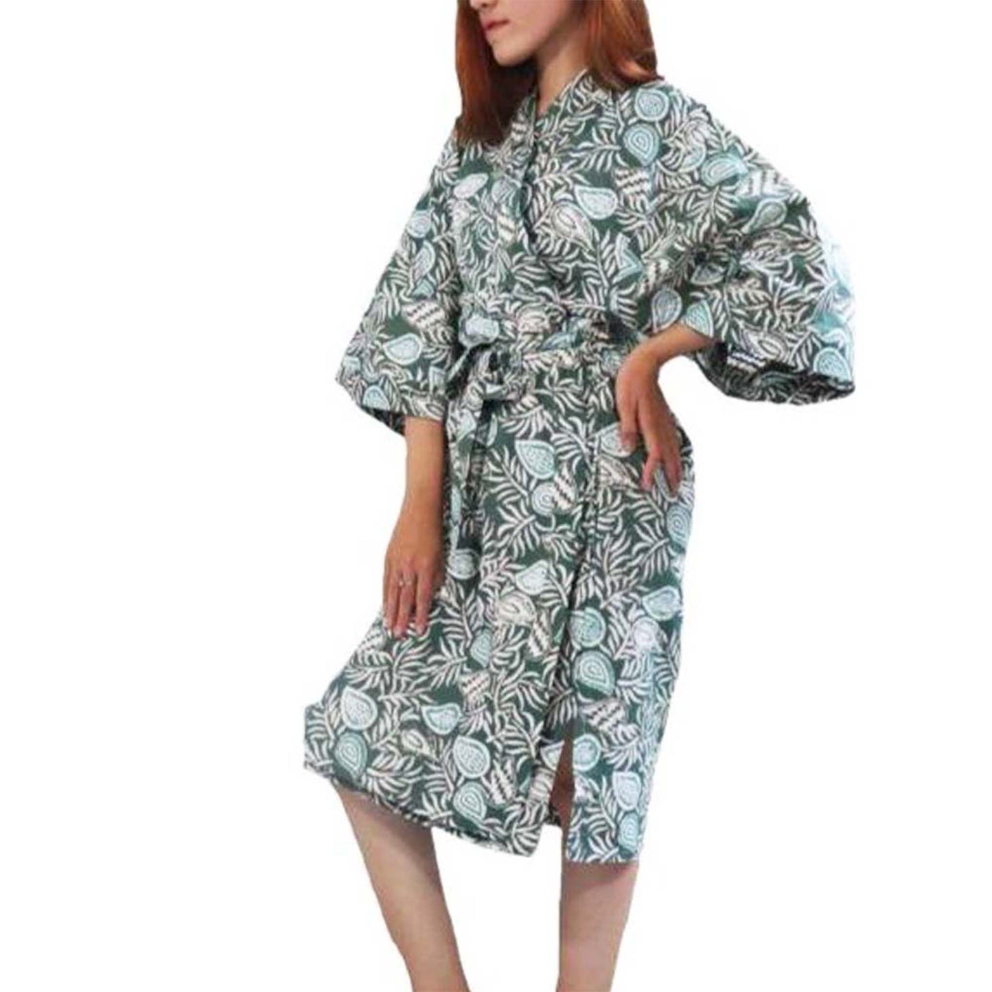 Handmade Batik Robe/ Kimono, Green Leaves, Gardening, Prairie, Hand Dyed, 100% Cotton