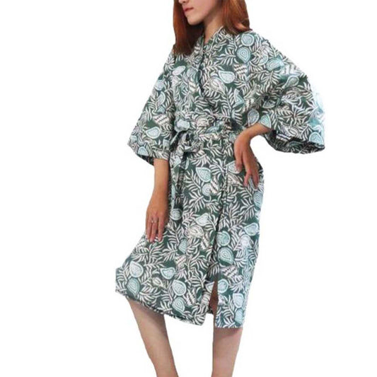 Handmade Batik Robe/ Kimono, Green Leaves, Gardening, Prairie, Hand Dyed, 100% Cotton
