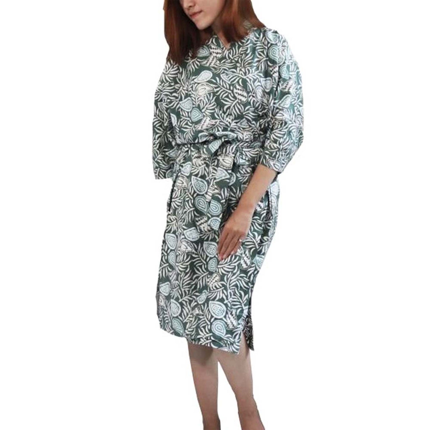 Handmade Batik Robe/ Kimono, Green Leaves, Gardening, Prairie, Hand Dyed, 100% Cotton