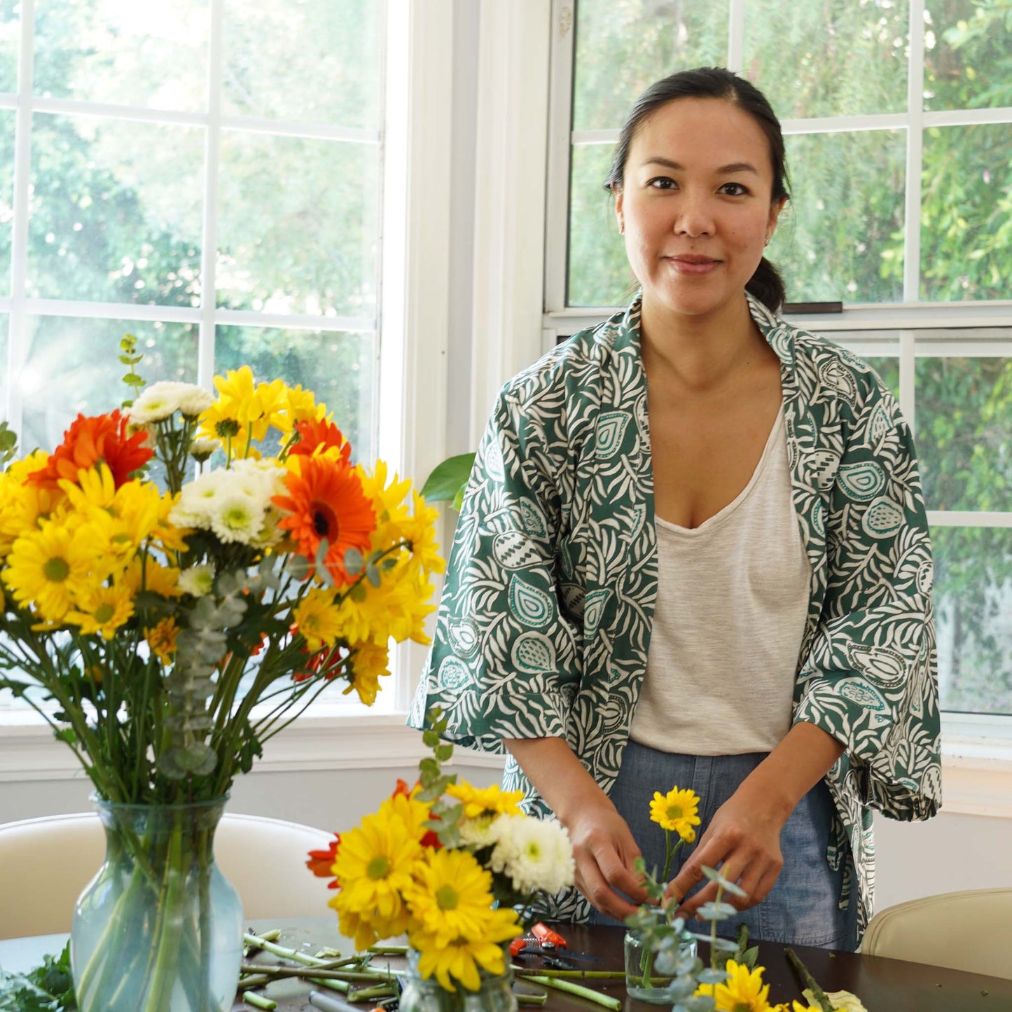 Handmade Batik Robe/ Kimono, Green Leaves, Gardening, Prairie, Hand Dyed, 100% Cotton