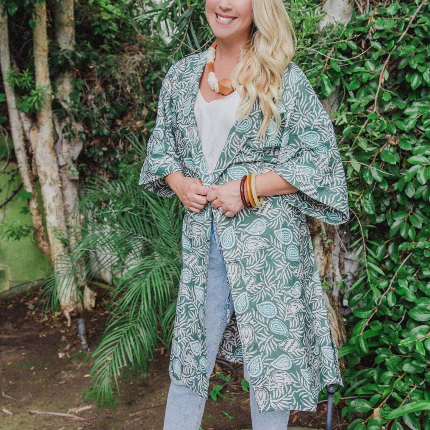 Handmade Batik Robe/ Kimono, Green Leaves, Gardening, Prairie, Hand Dyed, 100% Cotton