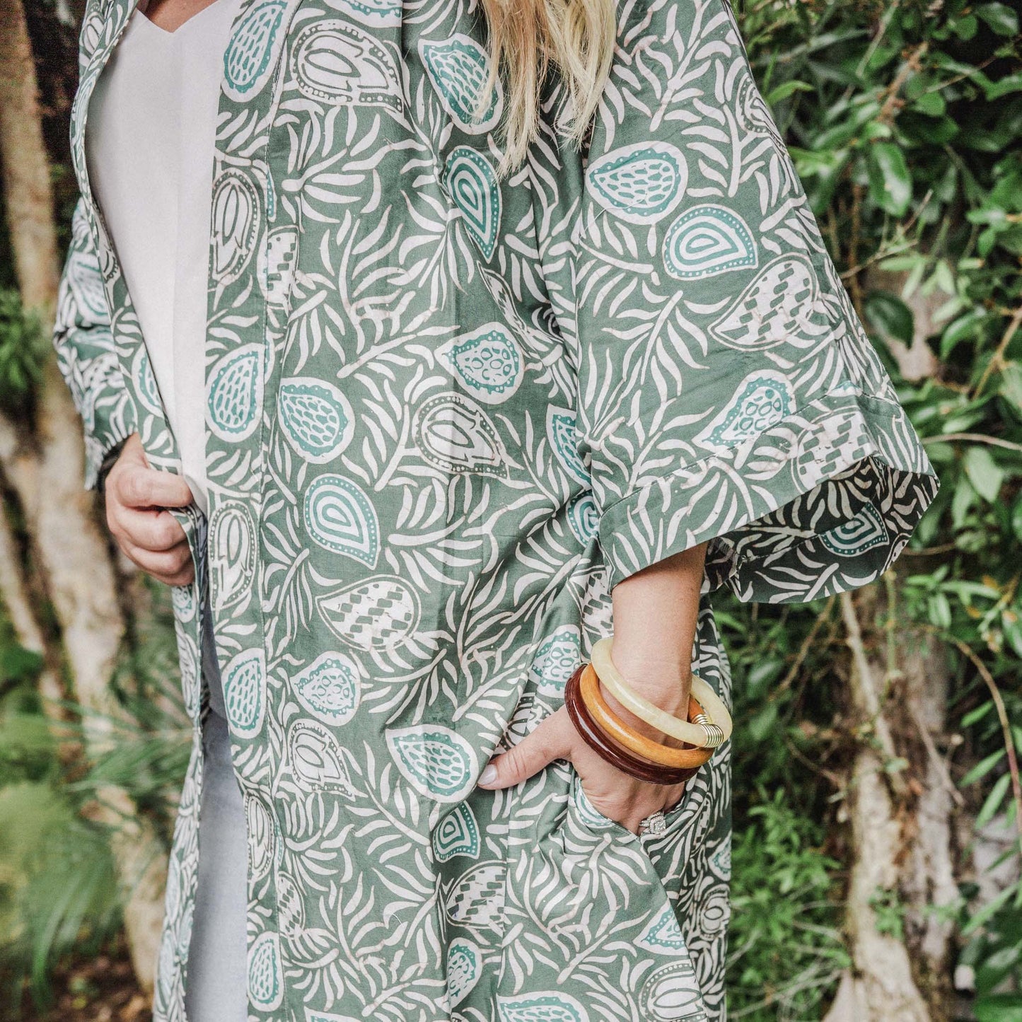Handmade Batik Robe/ Kimono, Green Leaves, Gardening, Prairie, Hand Dyed, 100% Cotton