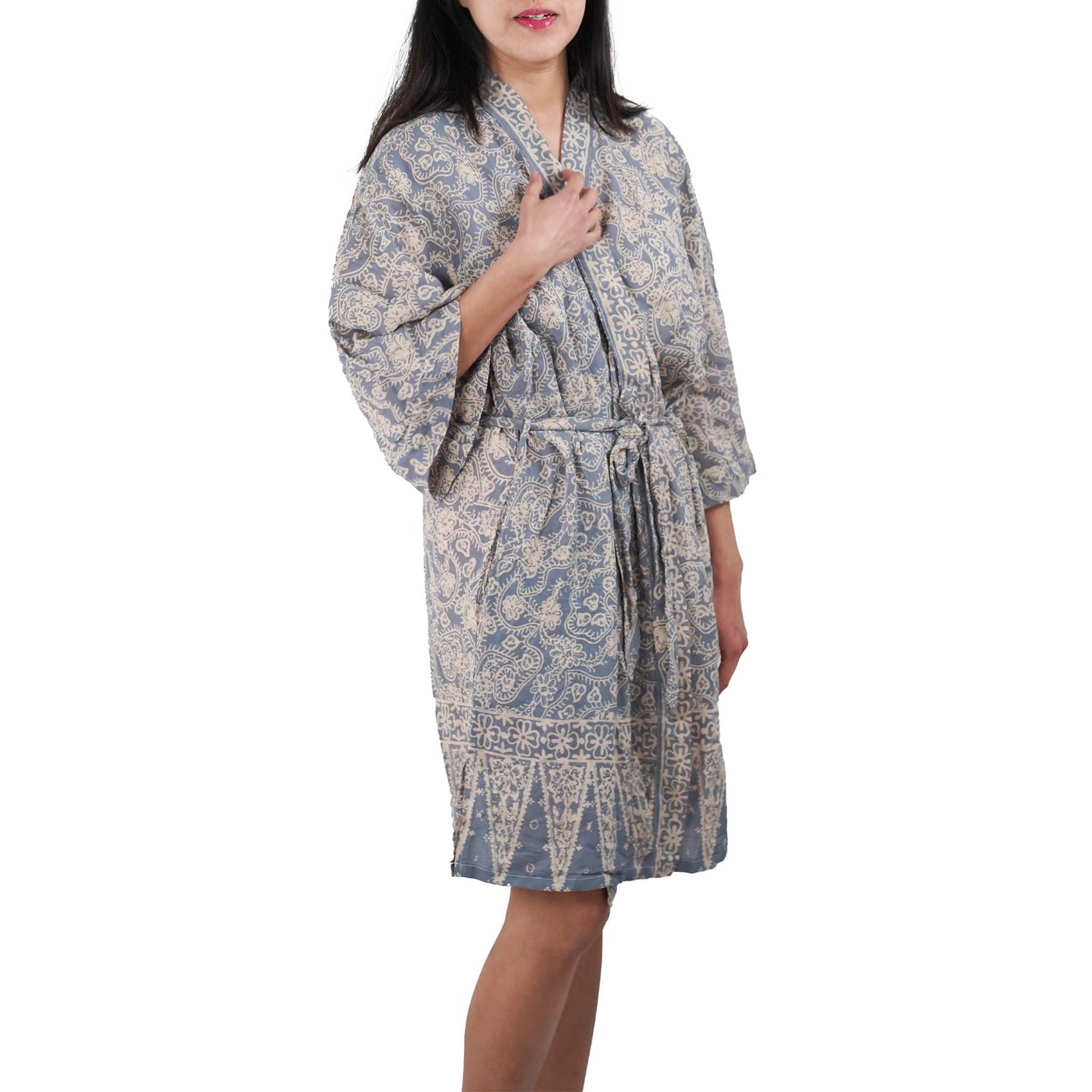 Hand Dyed Batik Robe Kimono, 100% Cotton, Gray, Silver Petals