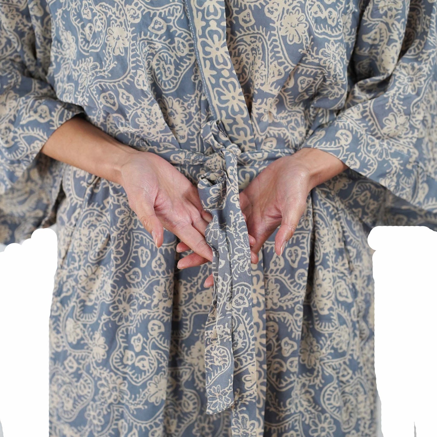 Hand Dyed Batik Robe Kimono, 100% Cotton, Gray, Silver Petals