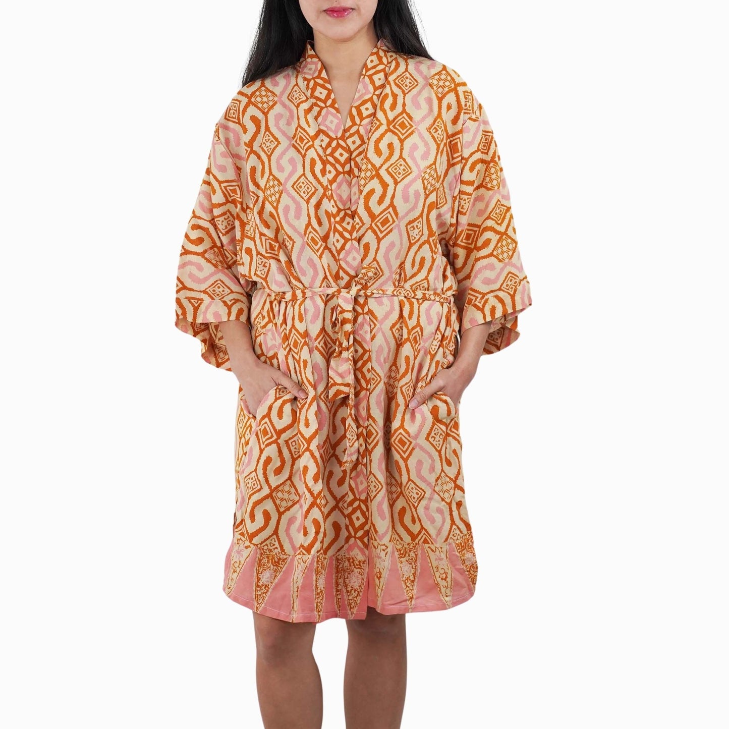 Hand Dyed Batik Robe Kimono, 100% Cotton Soft, Orange Pink Sunset Mosaic, Clementine