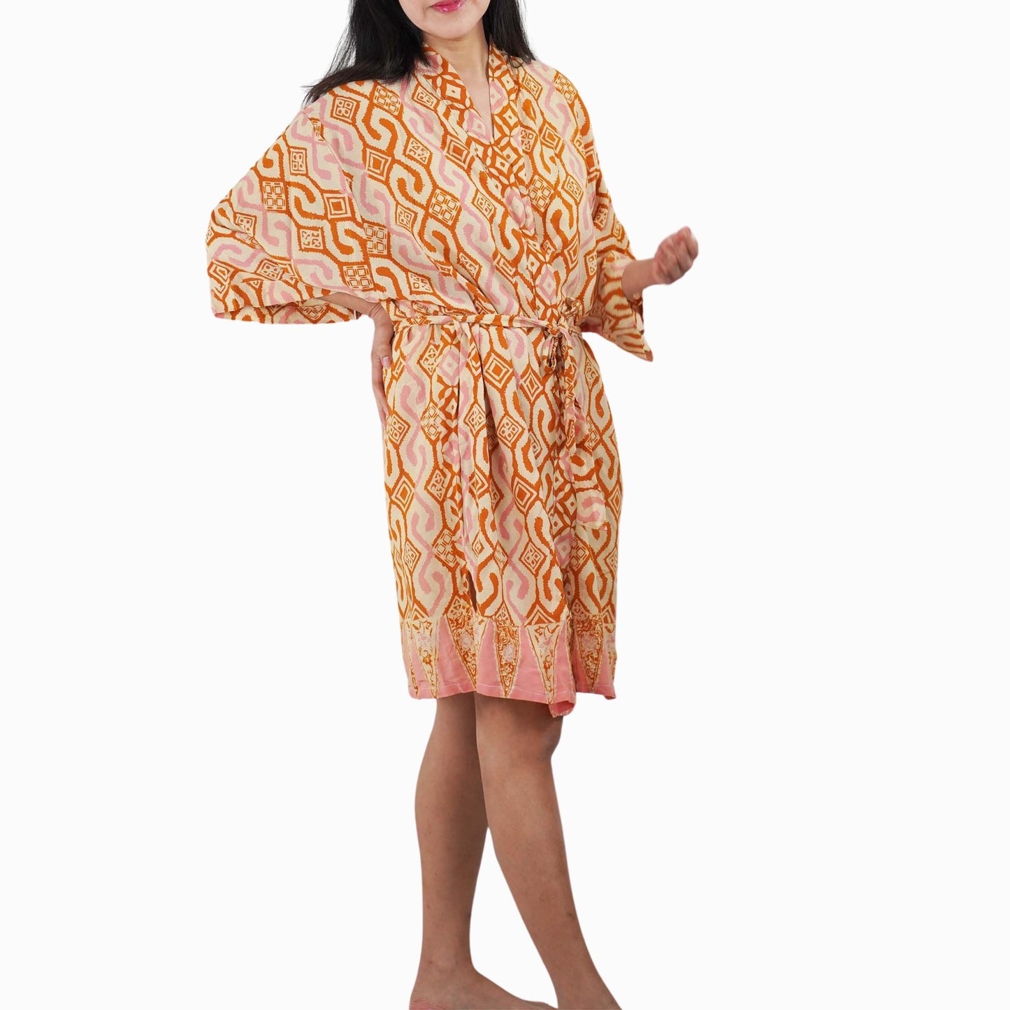 Hand Dyed Batik Robe Kimono, 100% Cotton Soft, Orange Pink Sunset Mosaic, Clementine