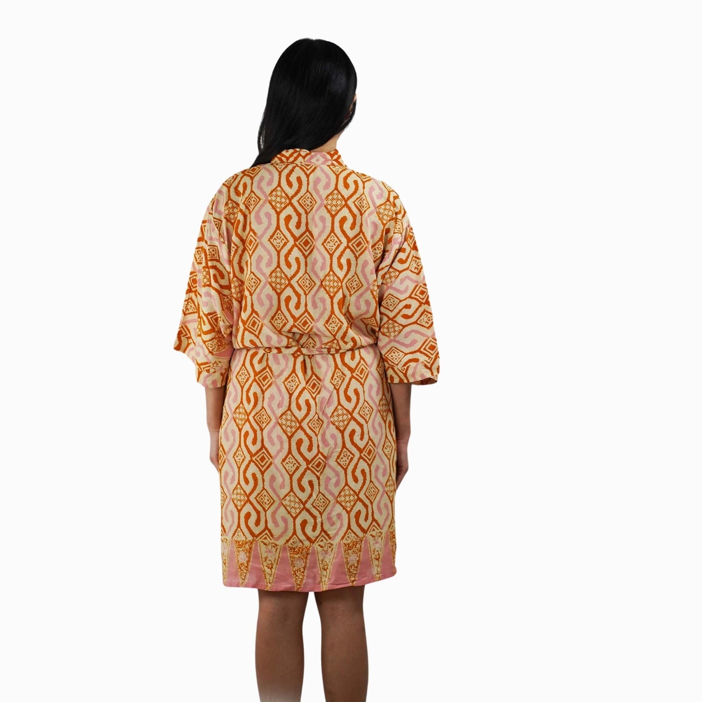 Hand Dyed Batik Robe Kimono, 100% Cotton Soft, Orange Pink Sunset Mosaic, Clementine