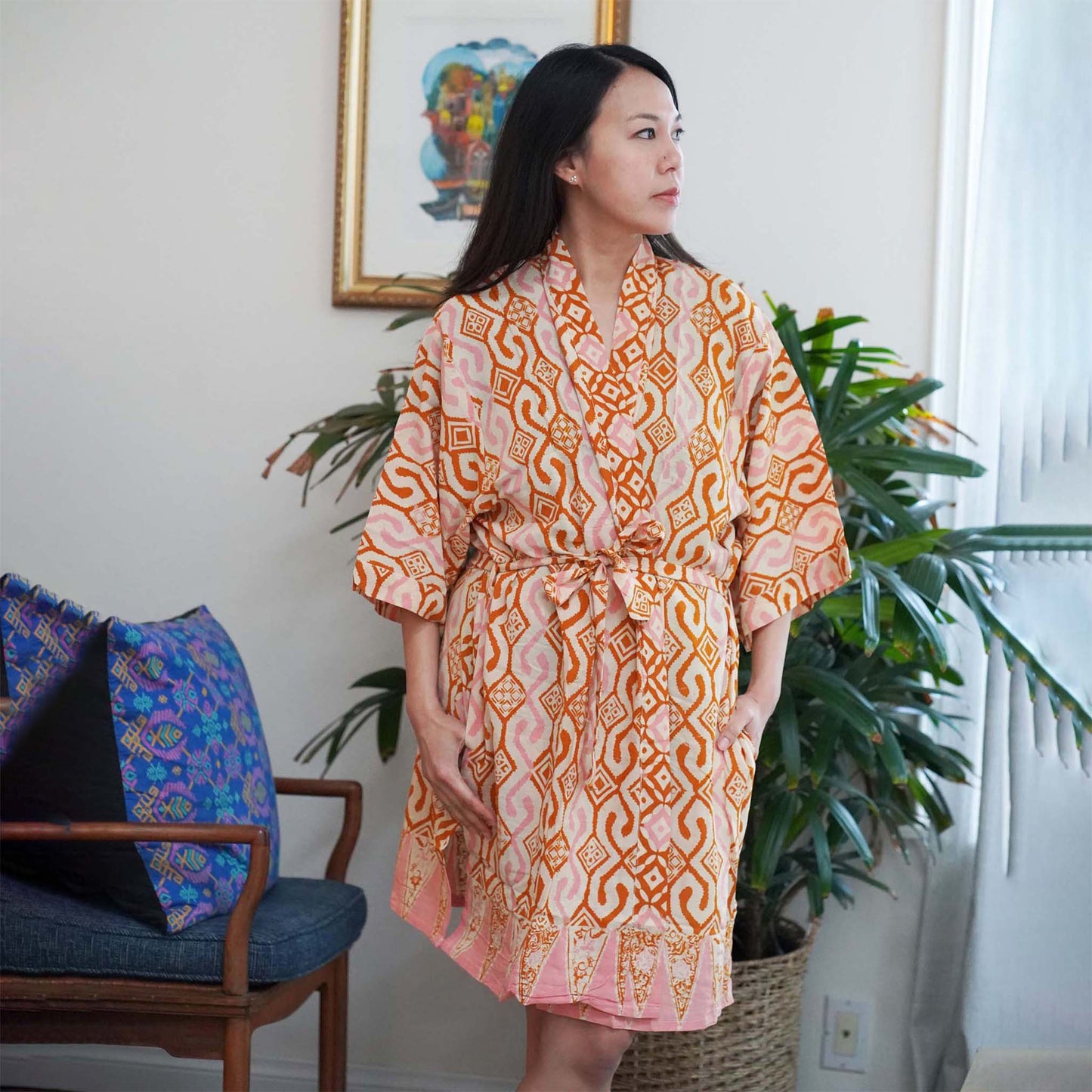 Hand Dyed Batik Robe Kimono, 100% Cotton Soft, Orange Pink Sunset Mosaic, Clementine