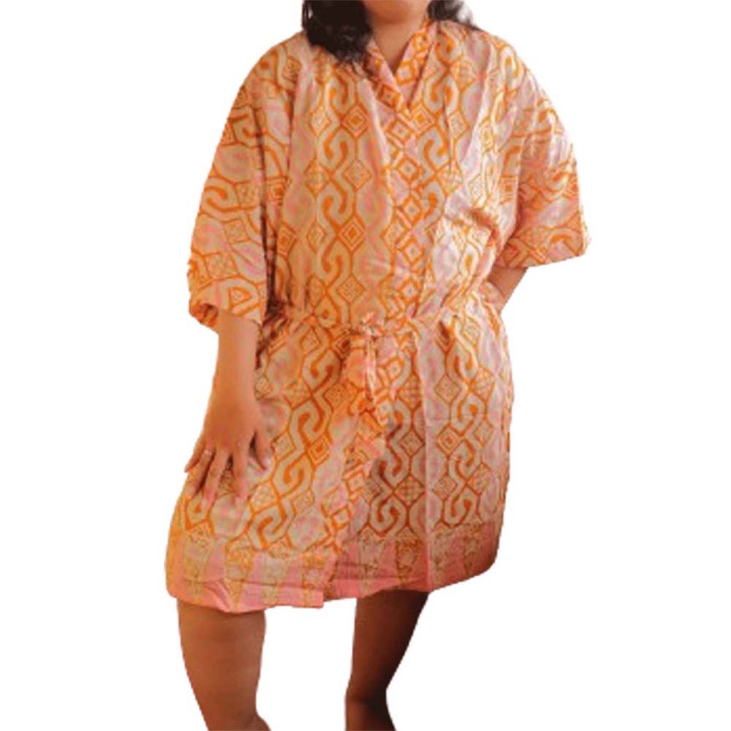 Hand Dyed Batik Robe Kimono, 100% Cotton Soft, Orange Pink Sunset Mosaic, Clementine