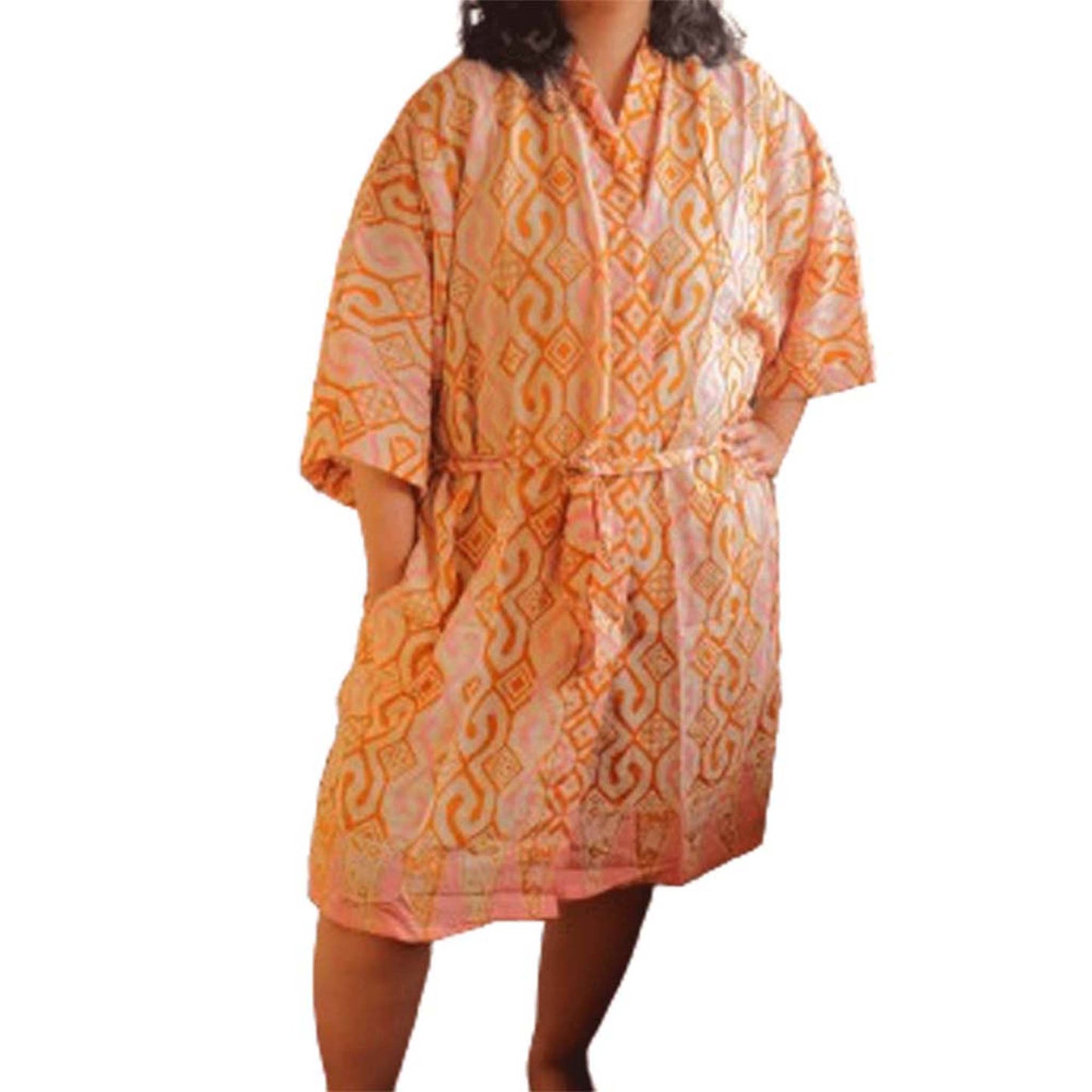 Hand Dyed Batik Robe Kimono, 100% Cotton Soft, Orange Pink Sunset Mosaic, Clementine