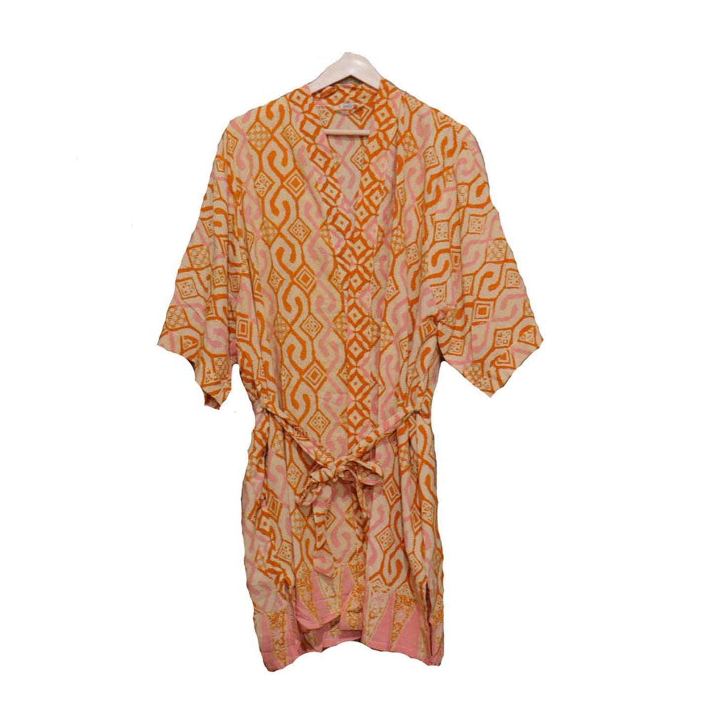 Hand Dyed Batik Robe Kimono, 100% Cotton Soft, Orange Pink Sunset Mosaic, Clementine