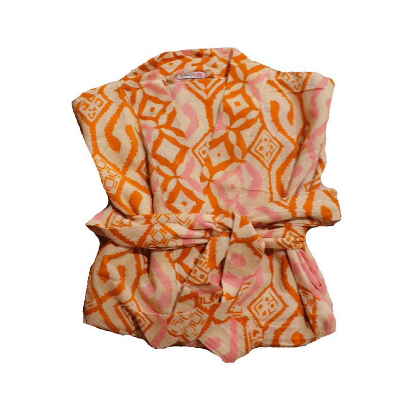 Hand Dyed Batik Robe Kimono, 100% Cotton Soft, Orange Pink Sunset Mosaic, Clementine