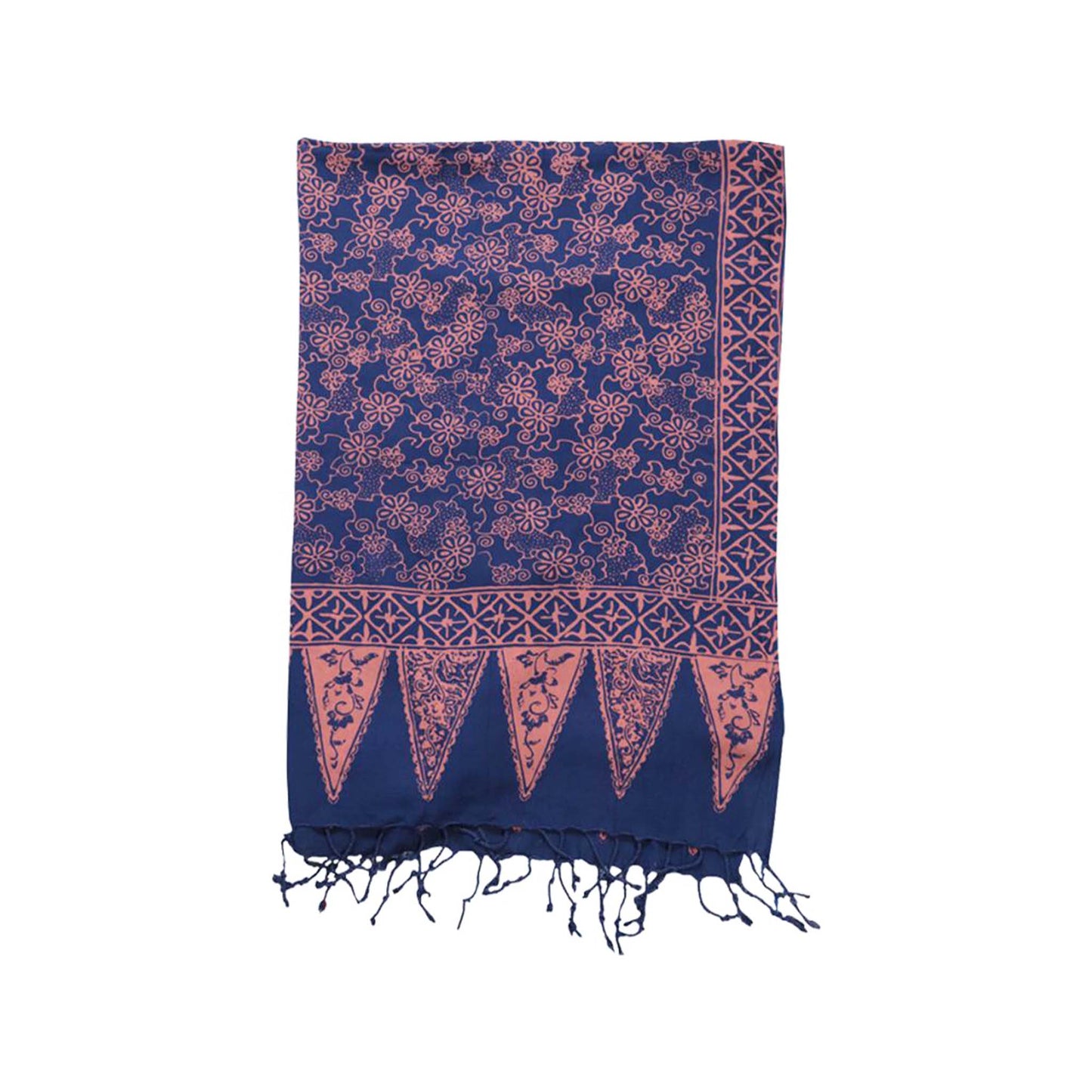 Hand Dyed Batik Scarf, Soft Cotton, Mangosteen, Blue, Pink, Fruit, Floral