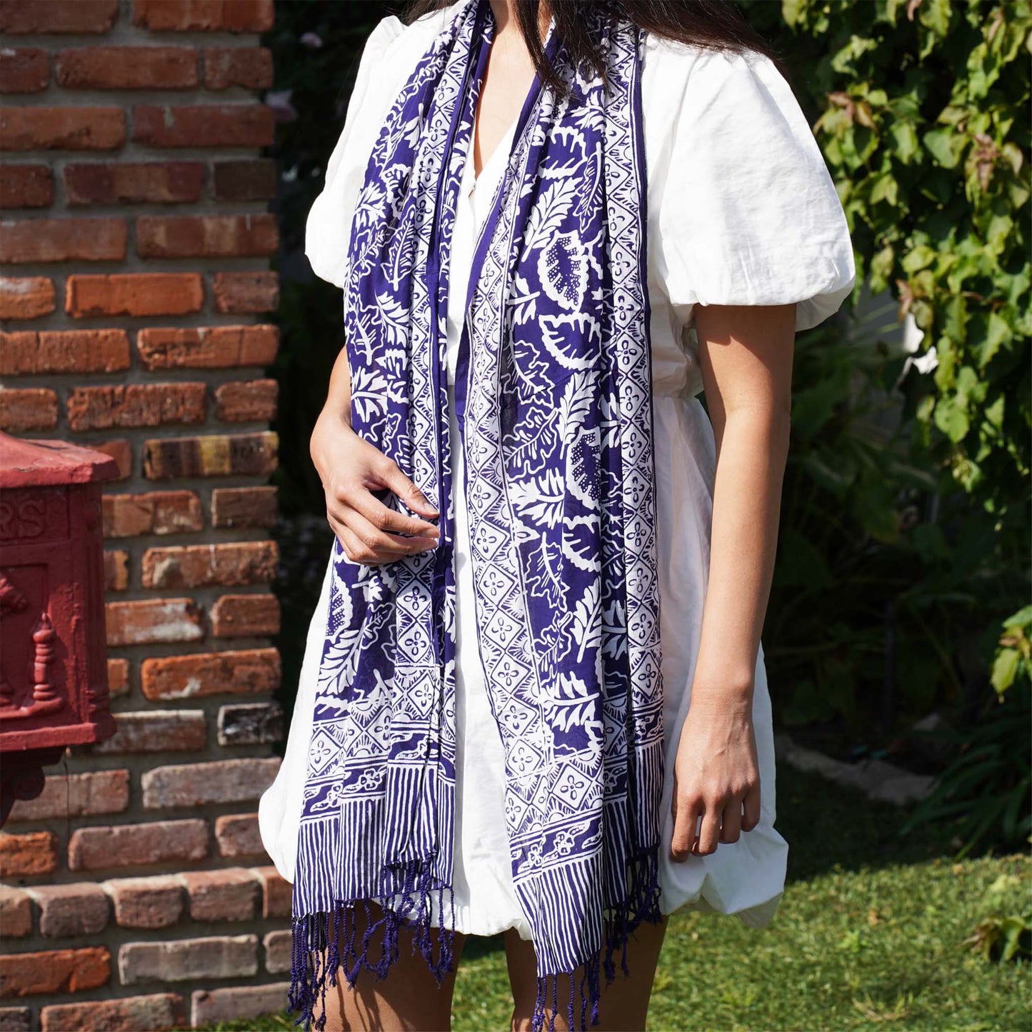 Hand Dyed Batik Scarf, 100% Cotton, Scarves, Bandana, Wrap , Blue Leaves