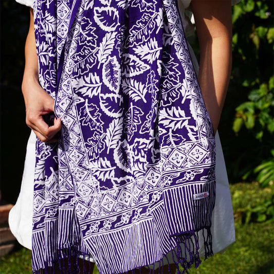 Hand Dyed Batik Scarf, 100% Cotton, Scarves, Bandana, Wrap , Blue Leaves
