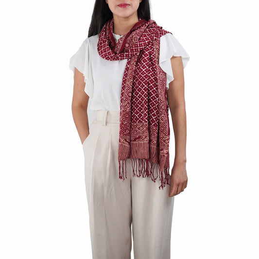 Handmade Batik Scarf - soft Cotton, Crimson Cross, Red Burgundy, Auburn