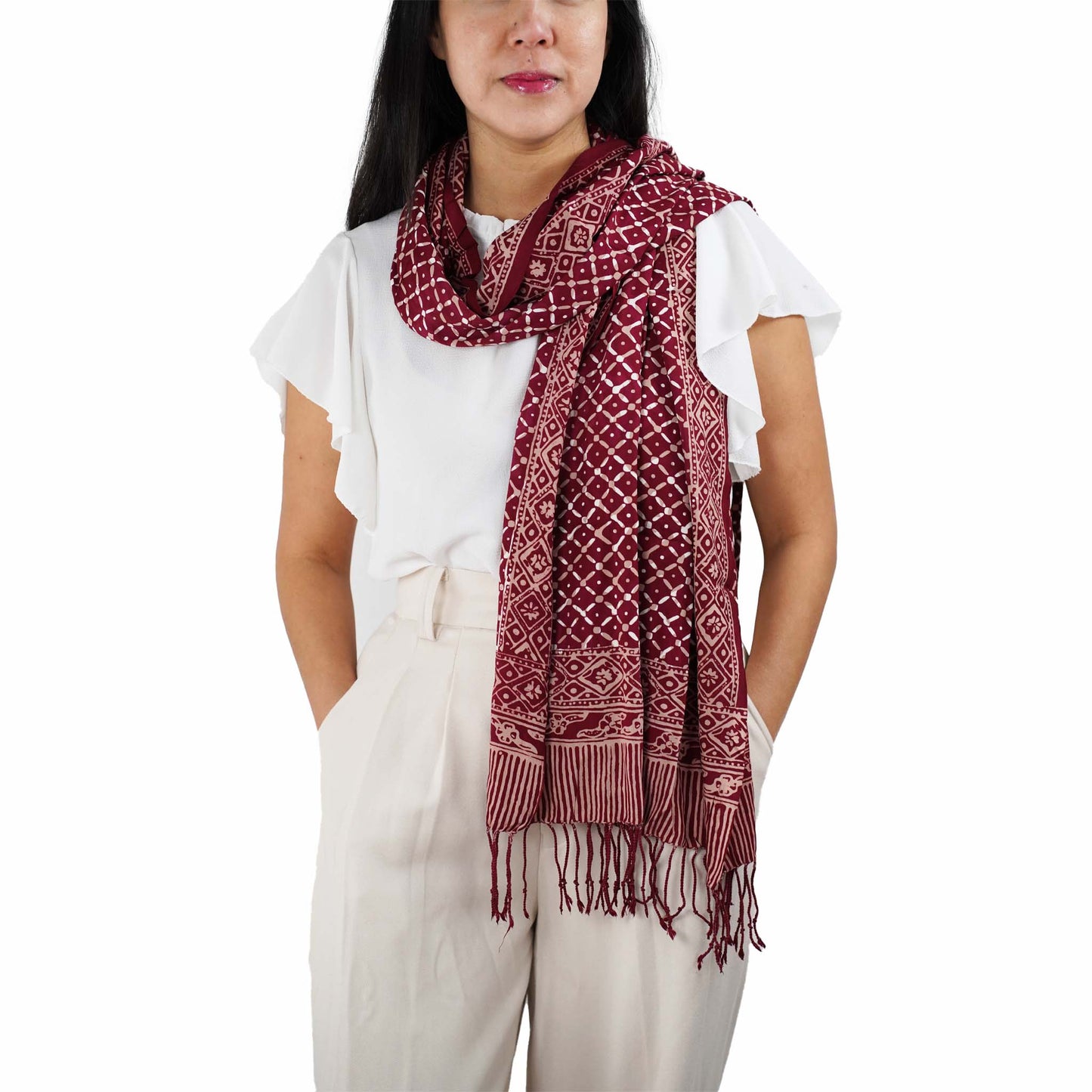 Handmade Batik Scarf - soft Cotton, Crimson Cross, Red Burgundy, Auburn