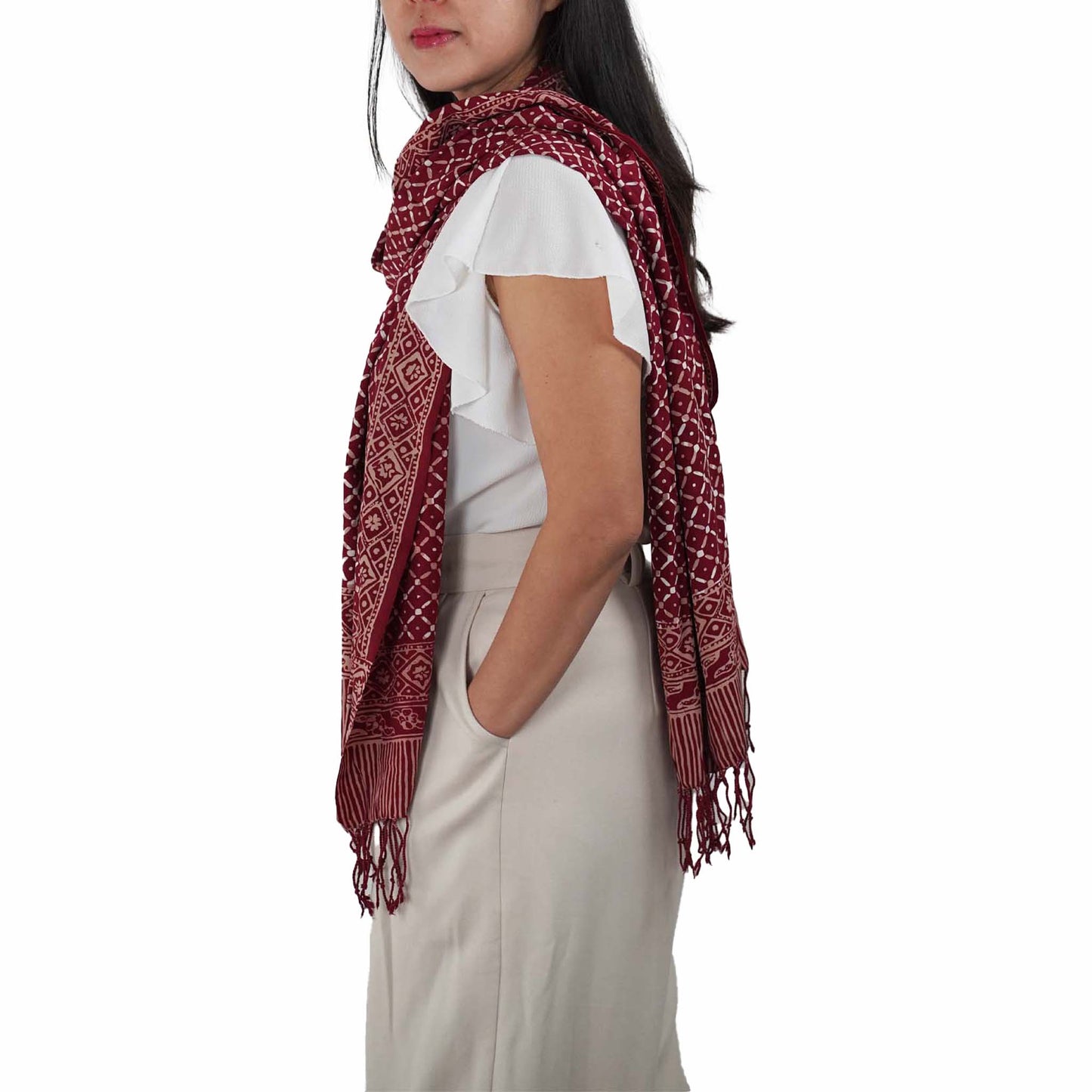 Handmade Batik Scarf - soft Cotton, Crimson Cross, Red Burgundy, Auburn