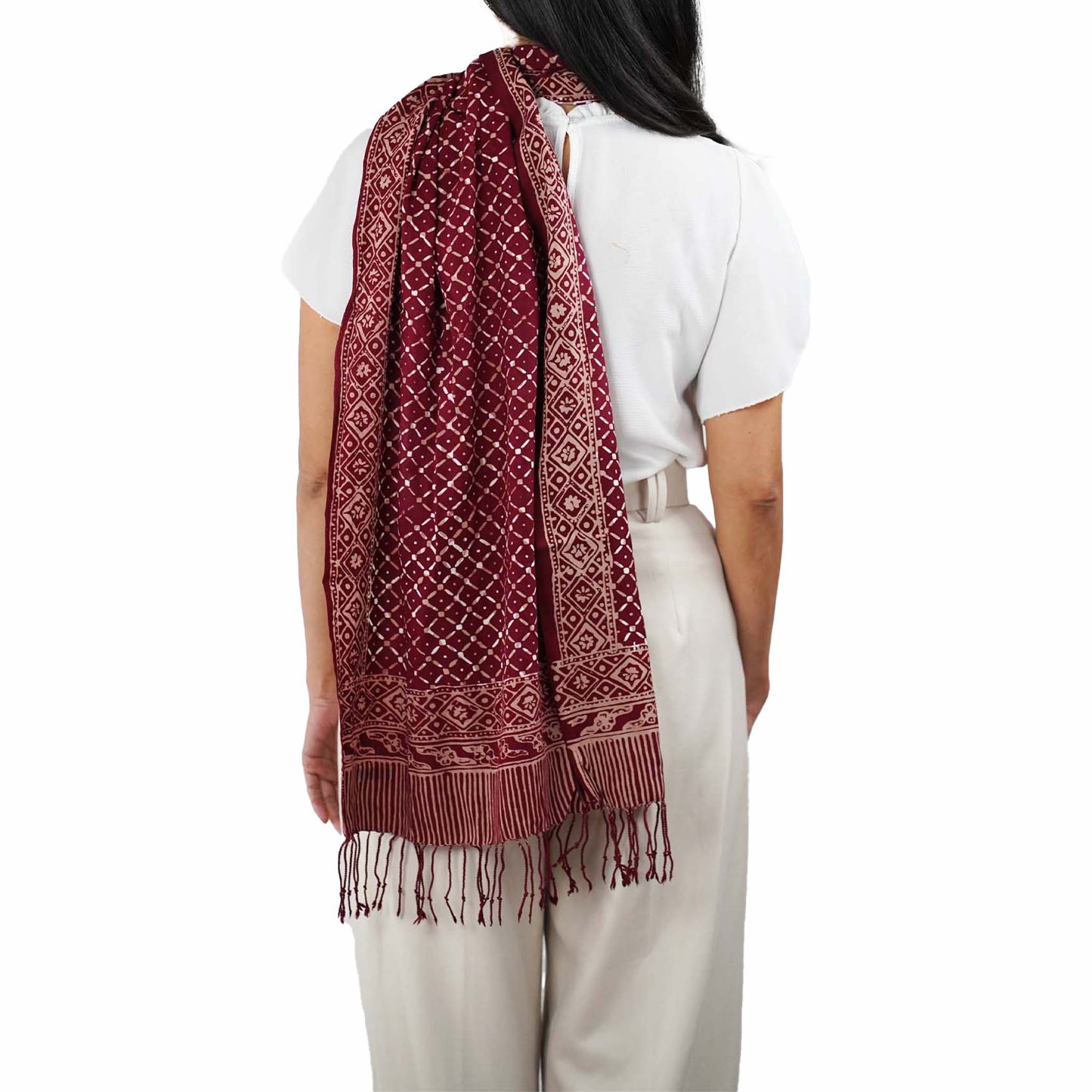 Handmade Batik Scarf - soft Cotton, Crimson Cross, Red Burgundy, Auburn
