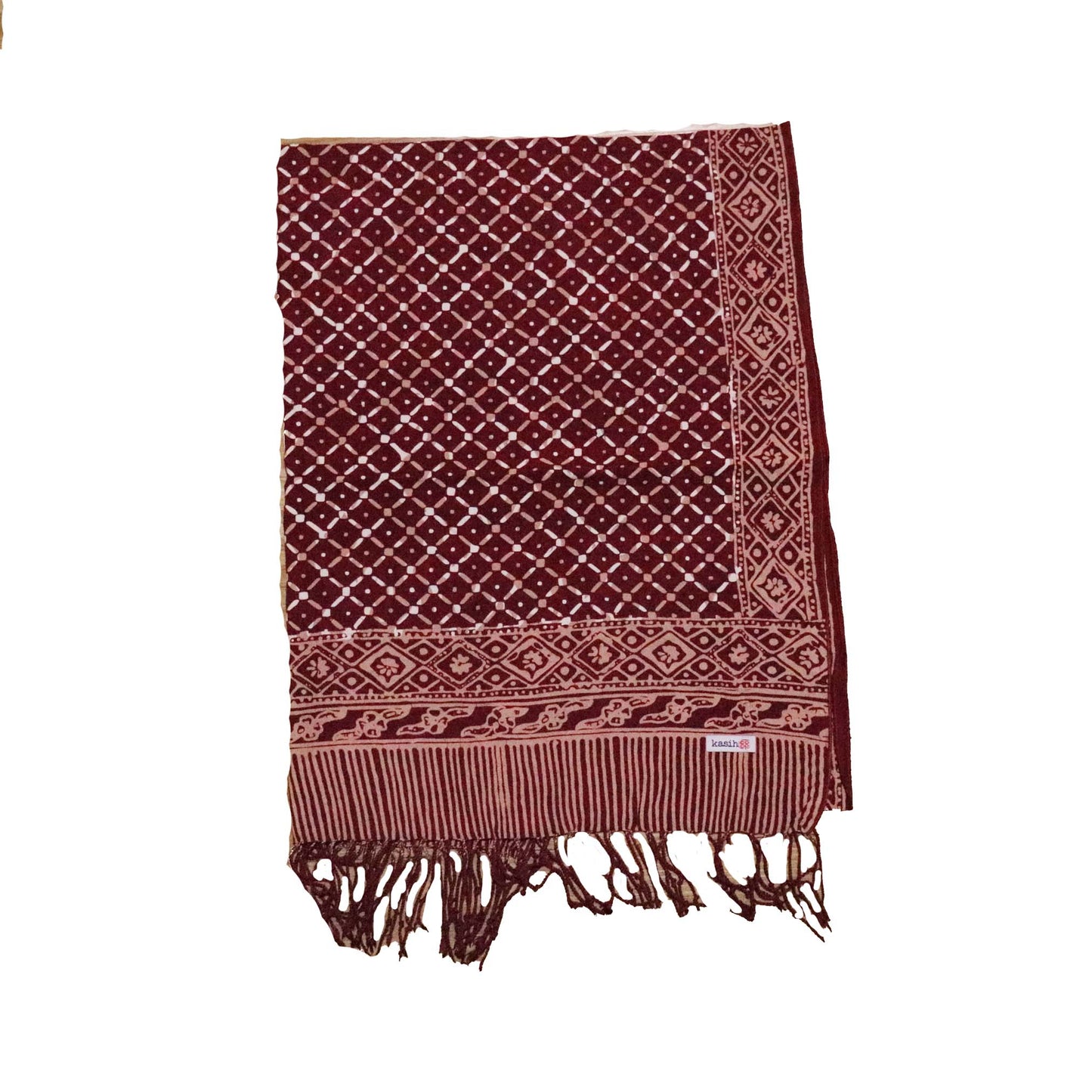 Handmade Batik Scarf - soft Cotton, Crimson Cross, Red Burgundy, Auburn